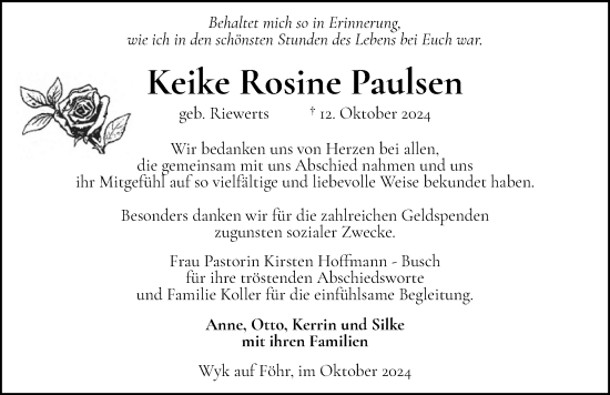 Traueranzeige von Keike Rosine Paulsen von Der Insel-Bote