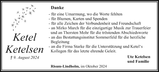 Traueranzeige von Ketel Ketelsen von Husumer Nachrichten, Nordfriesland Tageblatt