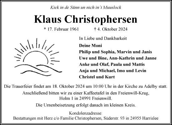 Traueranzeige von Klaus Christophersen von Flensburger Tageblatt