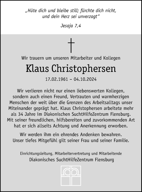 Traueranzeige von Klaus Christophersen von Flensburger Tageblatt