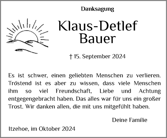 Traueranzeige von Klaus-Detlef Bauer von Norddeutsche Rundschau, Wilstersche Zeitung, Glückstädter Fortuna