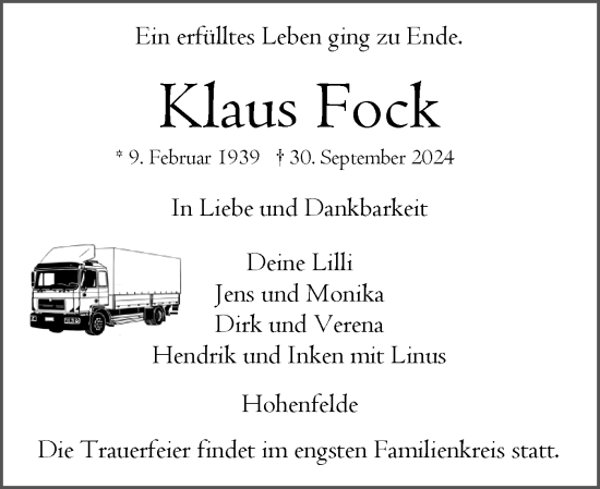 Traueranzeige von Klaus Fock von Norddeutsche Rundschau, Wilstersche Zeitung, Glückstädter Fortuna