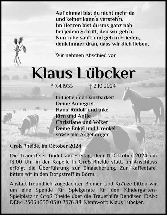 Traueranzeige von Klaus Lübcker von Schleswig-Holsteinische Landeszeitung