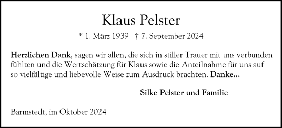 Traueranzeige von Klaus Pelster von Elmshorner Nachrichten, Barmstedter Zeitung