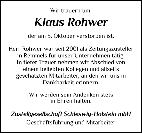 Traueranzeige von Klaus Rohwer von Schleswig-Holsteinische Landeszeitung