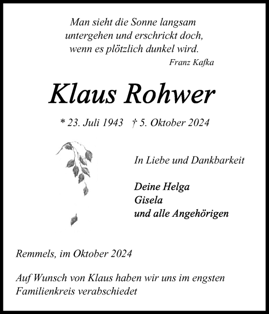 Traueranzeige von Klaus Rohwer von Schleswig-Holsteinische Landeszeitung