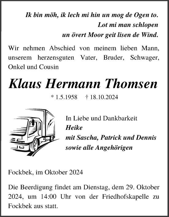 Traueranzeige von Klaus Hermann Thomsen von Schleswig-Holsteinische Landeszeitung