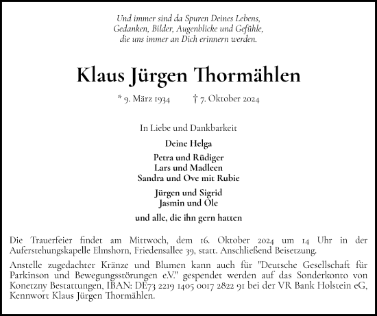 Traueranzeige von Klaus Jürgen Thormählen von Elmshorner Nachrichten, Barmstedter Zeitung