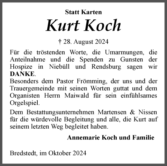 Traueranzeige von Kurt Koch von Husumer Nachrichten, Nordfriesland Tageblatt