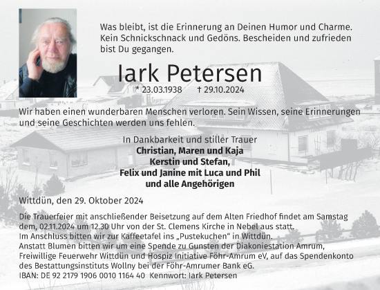 Traueranzeige von lark Petersen von Der Insel-Bote