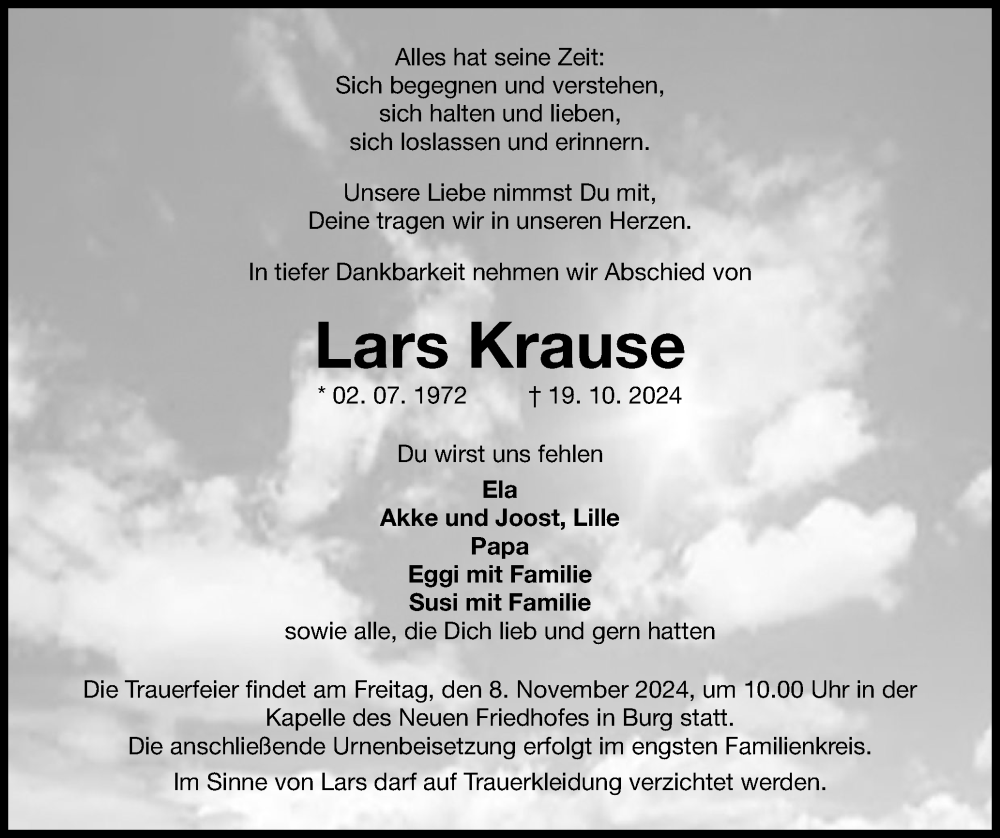  Traueranzeige für Lars Krause vom 26.10.2024 aus Norddeutsche Rundschau, Wilstersche Zeitung, Glückstädter Fortuna