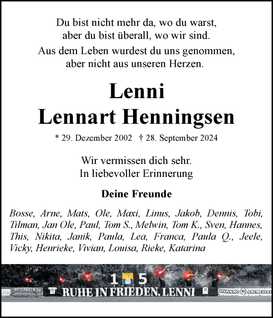 Traueranzeige von Lennart Henningsen von Eckernförder Zeitung, Hallo Eckernförde