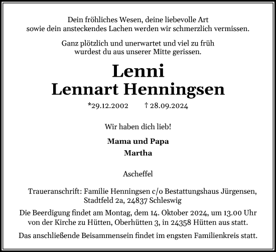 Traueranzeige von Lennart Henningsen von Schleswig-Holsteinische Landeszeitung