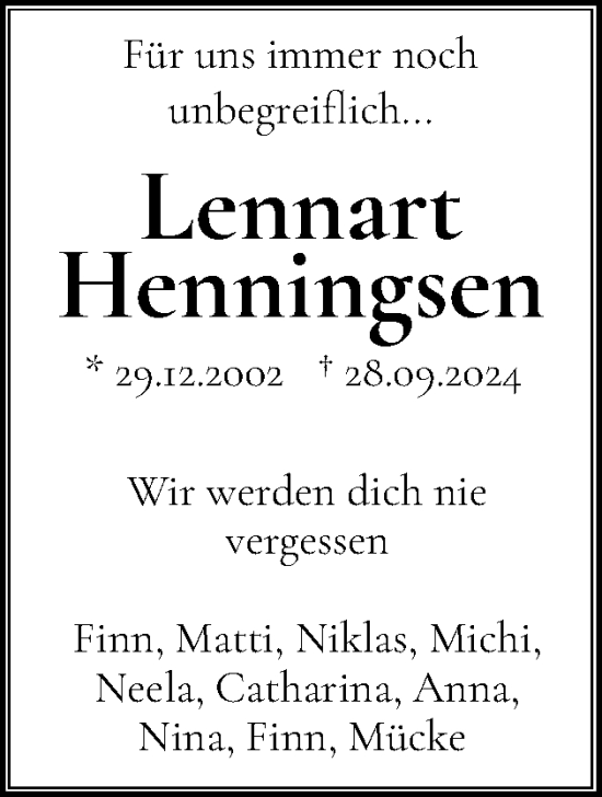 Traueranzeige von Lennart Henningsen von Schleswiger Nachrichten, Schlei-Bote, Eckernförder Zeitung