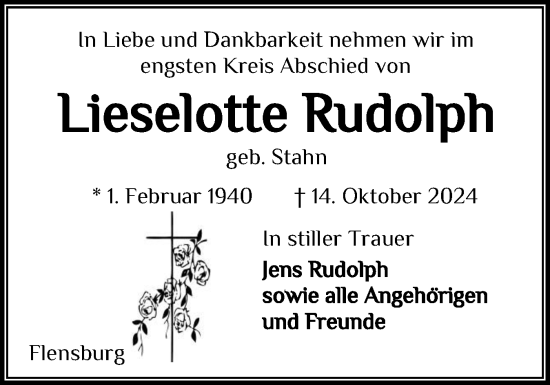 Traueranzeige von Lieselotte Rudolph von Flensburger Tageblatt