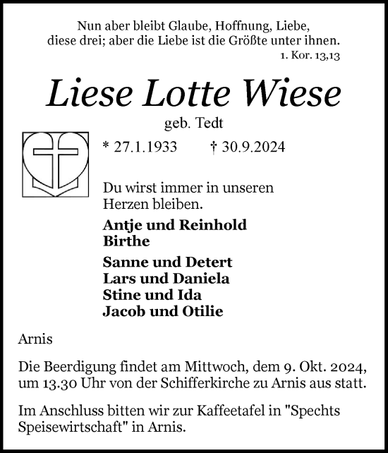 Traueranzeige von Liese Lotte Wiese von Schleswiger Nachrichten, Schlei-Bote