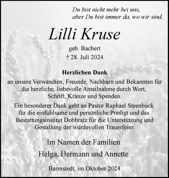 Traueranzeige von Lilli Kruse von Elmshorner Nachrichten, Barmstedter Zeitung