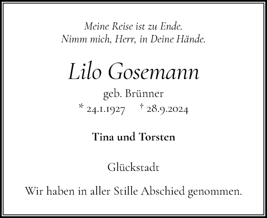 Traueranzeige von Lilo Gosemann von Norddeutsche Rundschau, Wilstersche Zeitung, Glückstädter Fortuna