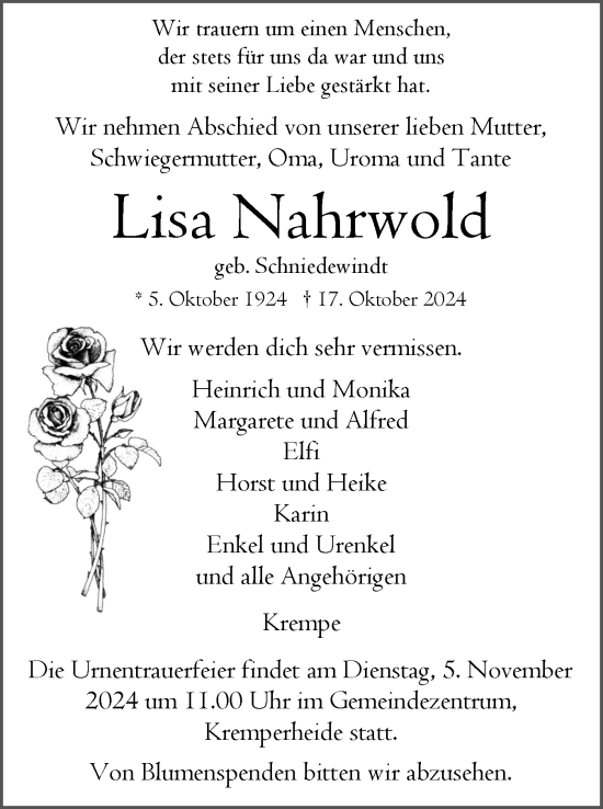 Traueranzeige von Lisa Nahrwold von Norddeutsche Rundschau, Wilstersche Zeitung, Glückstädter Fortuna