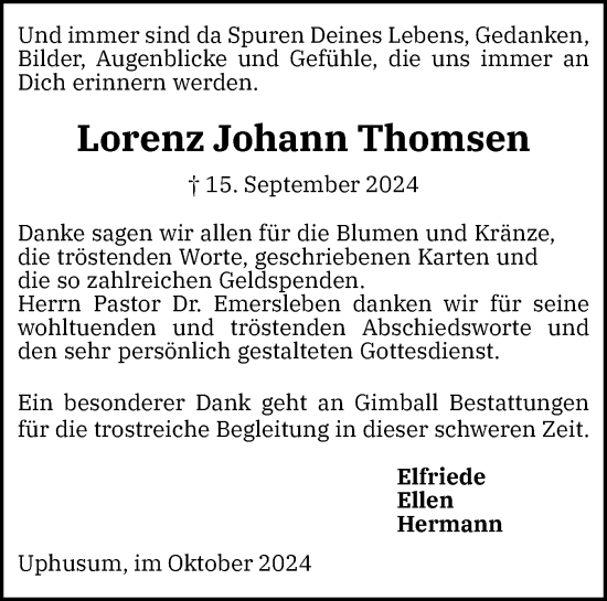 Traueranzeige von Lorenz Johann Thomsen von Husumer Nachrichten, Nordfriesland Tageblatt