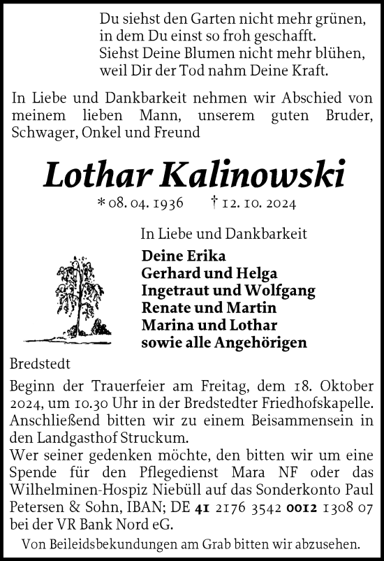 Traueranzeige von Lothar Kalinowski von Husumer Nachrichten, Nordfriesland Tageblatt