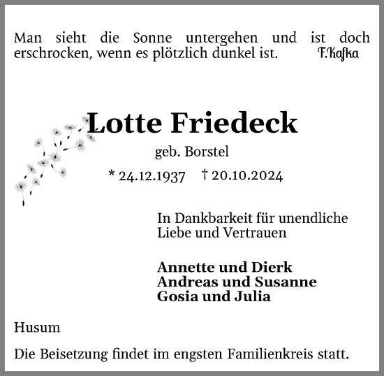 Traueranzeige von Lotte Friedeck von Schleswig-Holsteinische Landeszeitung