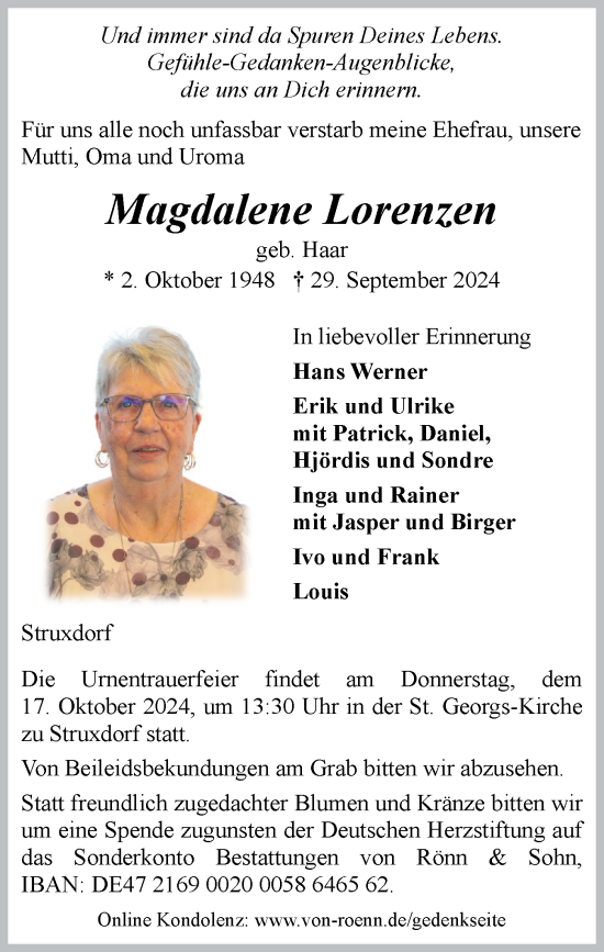 Traueranzeige von Magdalene Lorenzen von Schleswig-Holsteinische Landeszeitung