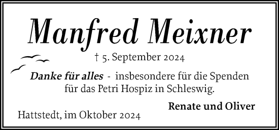 Traueranzeige von Manfred Meixner von Husumer Nachrichten, Nordfriesland Tageblatt