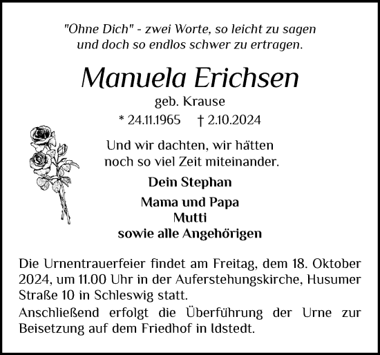 Traueranzeige von Manuela Erichsen von Schleswiger Nachrichten, Schlei-Bote