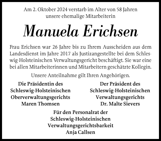 Traueranzeige von Manuela Erichsen von Schleswiger Nachrichten, Schlei-Bote