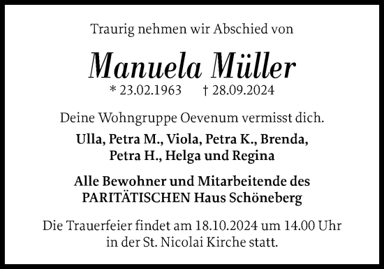 Traueranzeige von Manuela Müller von Der Insel-Bote