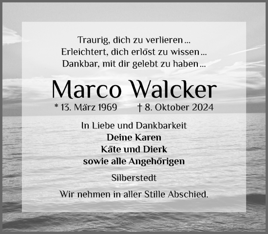 Traueranzeige von Marco Walcker von Schleswiger Nachrichten, Schlei-Bote