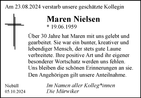 Traueranzeige von Maren Nielsen von Husumer Nachrichten, Nordfriesland Tageblatt