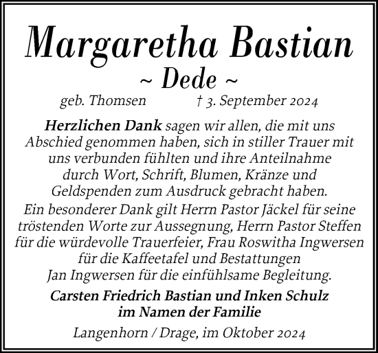 Traueranzeige von Margaretha Bastian von Husumer Nachrichten, Nordfriesland Tageblatt