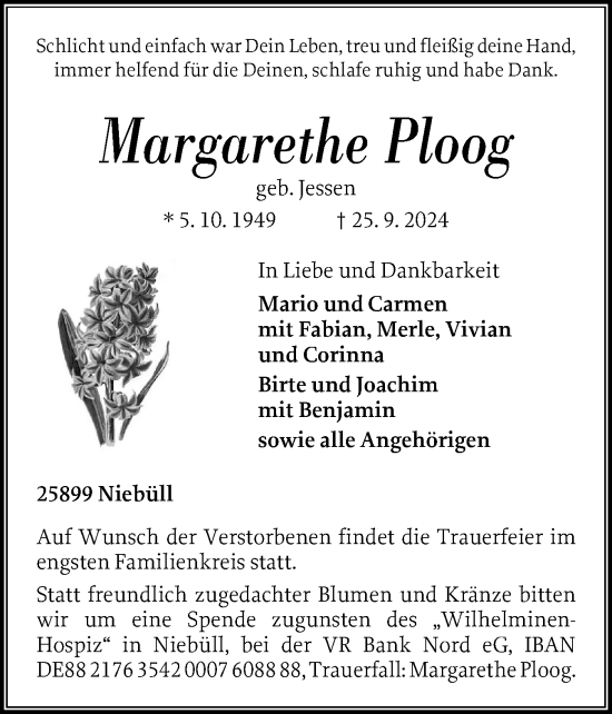 Traueranzeige von Margarethe Ploog von Husumer Nachrichten, Nordfriesland Tageblatt