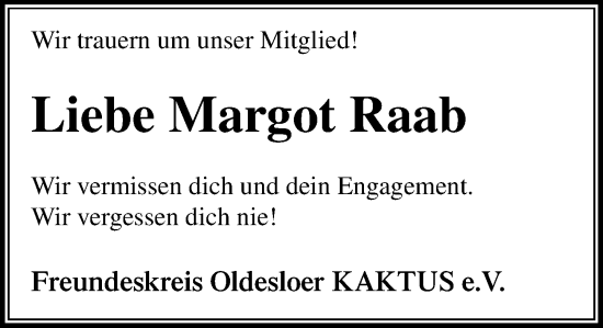 Traueranzeige von Margot Raab von Stormaner Tageblatt