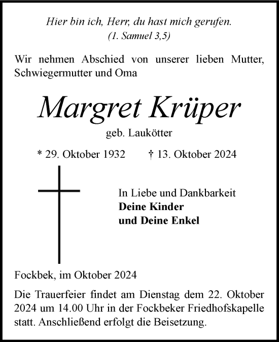 Traueranzeige von Margret Krüper von Schleswig-Holsteinische Landeszeitung