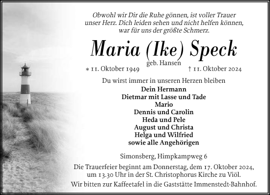 Traueranzeige von Maria Speck von Husumer Nachrichten, Nordfriesland Tageblatt