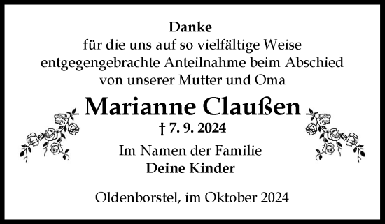 Traueranzeige von Marianne Claußen von Norddeutsche Rundschau, Wilstersche Zeitung, Glückstädter Fortuna