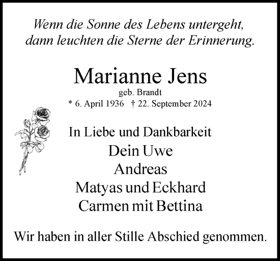 Traueranzeige von Marianne Jens von Uetersener Nachrichten, Der tip am Wochenende