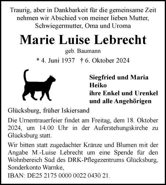 Traueranzeige von Marie Luise Lebrecht von Flensburger Tageblatt