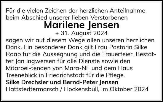 Traueranzeige von Marilene Jensen von Husumer Nachrichten, Nordfriesland Tageblatt