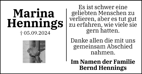 Traueranzeige von Marina Hennings von Husumer Nachrichten, Nordfriesland Tageblatt