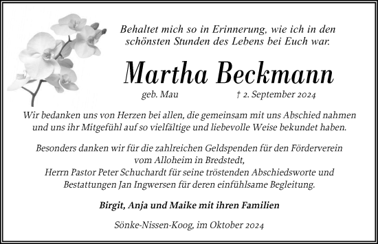 Traueranzeige von Martha Beckman von Region Flensburg
