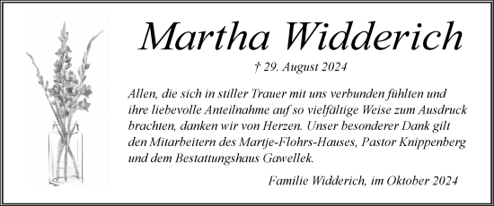 Traueranzeige von Martha Widderich von Husumer Nachrichten, Nordfriesland Tageblatt