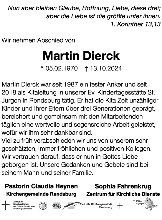 Traueranzeige von Martin Dierck von Schleswig-Holsteinische Landeszeitung