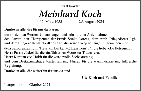 Traueranzeige von Meinhard Koch von Husumer Nachrichten, Nordfriesland Tageblatt