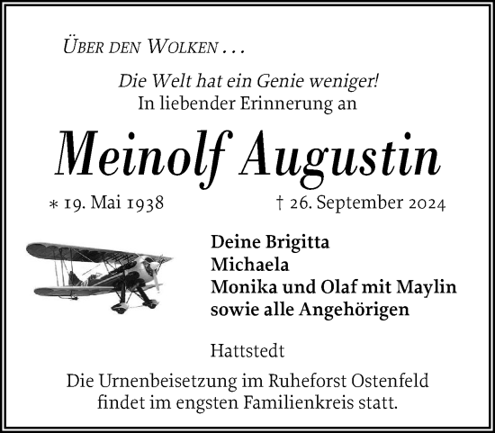 Traueranzeige von Meinolf Augustin von Husumer Nachrichten, Nordfriesland Tageblatt