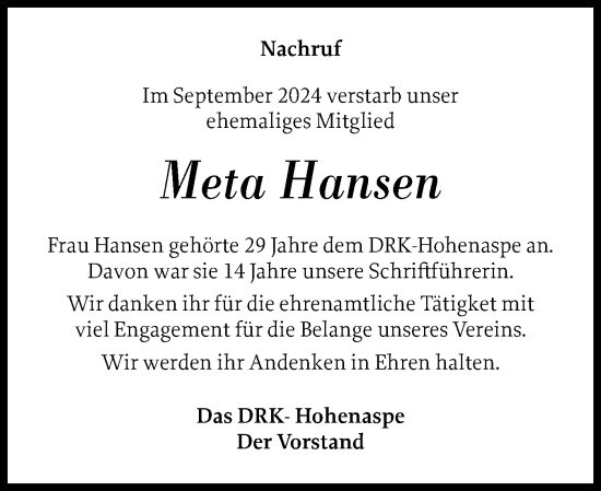 Traueranzeige von Meta Hansen von Norddeutsche Rundschau, Wilstersche Zeitung, Glückstädter Fortuna