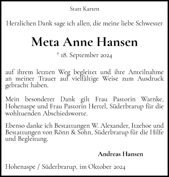 Traueranzeige von Meta Anne Hansen von Flensburger Tageblatt